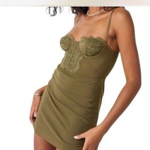 Urban Outfitters Olive Green Lace-Detail Slip Dress